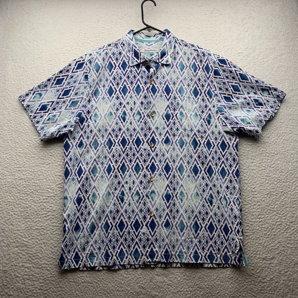 Tommy Bahama Button Up Shirt Mens Large Blue White Geometric Aztec Silk Blend